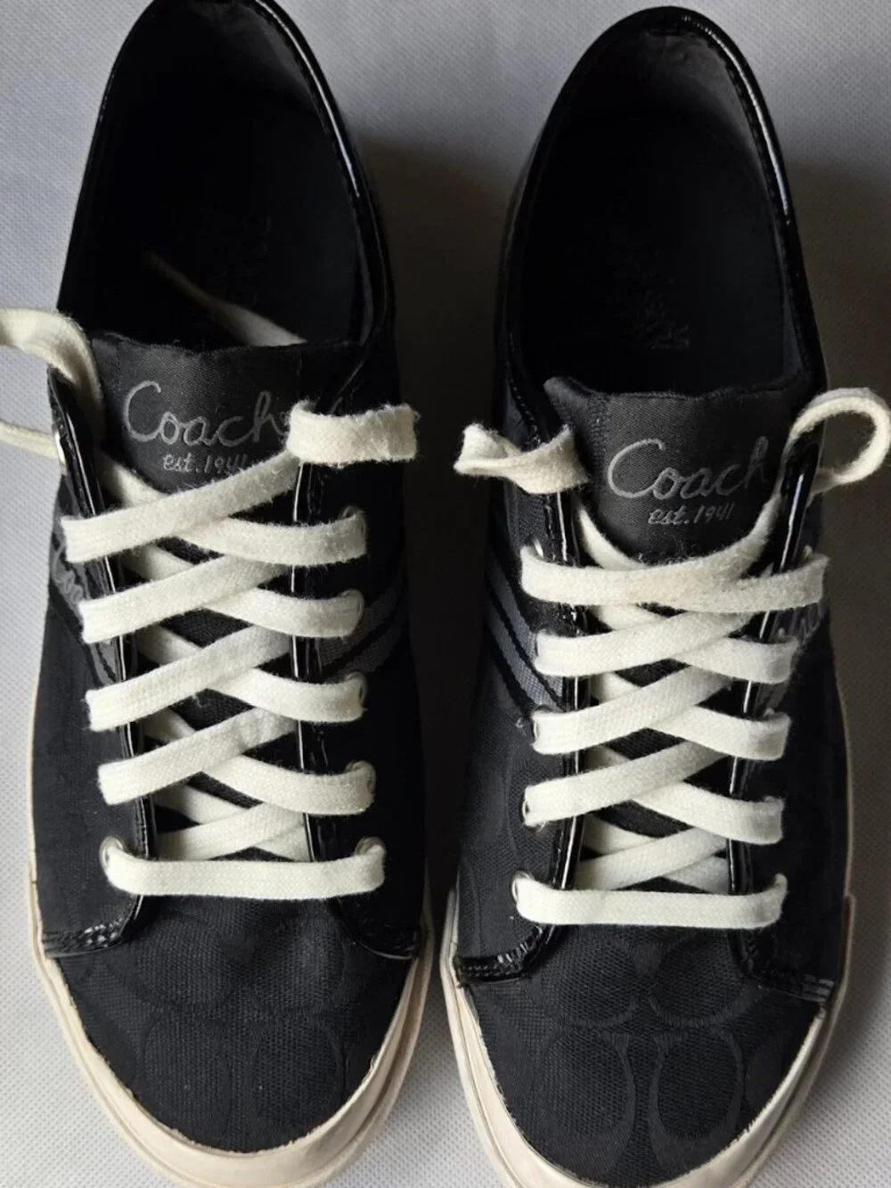 Coach Signature Canvas Patent Leather Sneakers Black White Women's 9.5